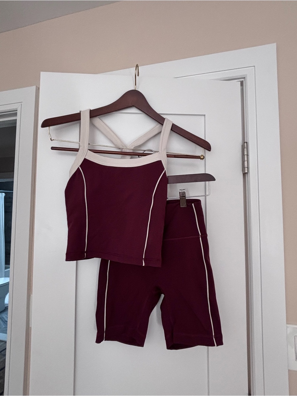 lululemon athletica Maroon Sports Tank & Bike Shorts with Cream Trim
